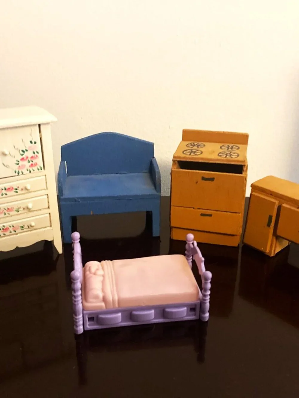 Vintage Doll House Wooden Furniture, Hand made and 1 Plastic Bed
